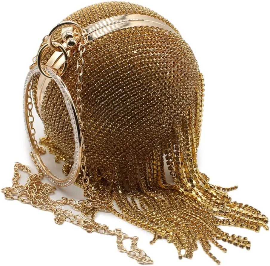 UMREN Women Round Ball Crystal Evening Clutch Purse Tassel Wedding Party Hand Bags