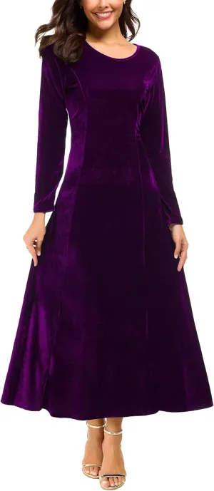 Urban CoCo Women's Elegant Long Sleeve Ruched Velvet Stretchy Long Dress