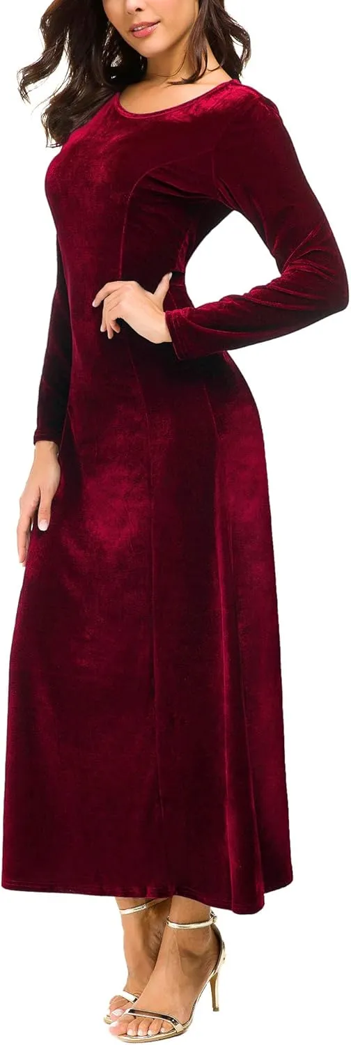Urban CoCo Women's Elegant Long Sleeve Ruched Velvet Stretchy Long Dress