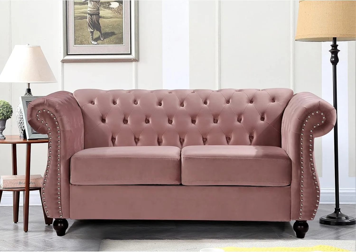 US Pride Furniture Kemos Velvet Chesterfield Loveseat Rose