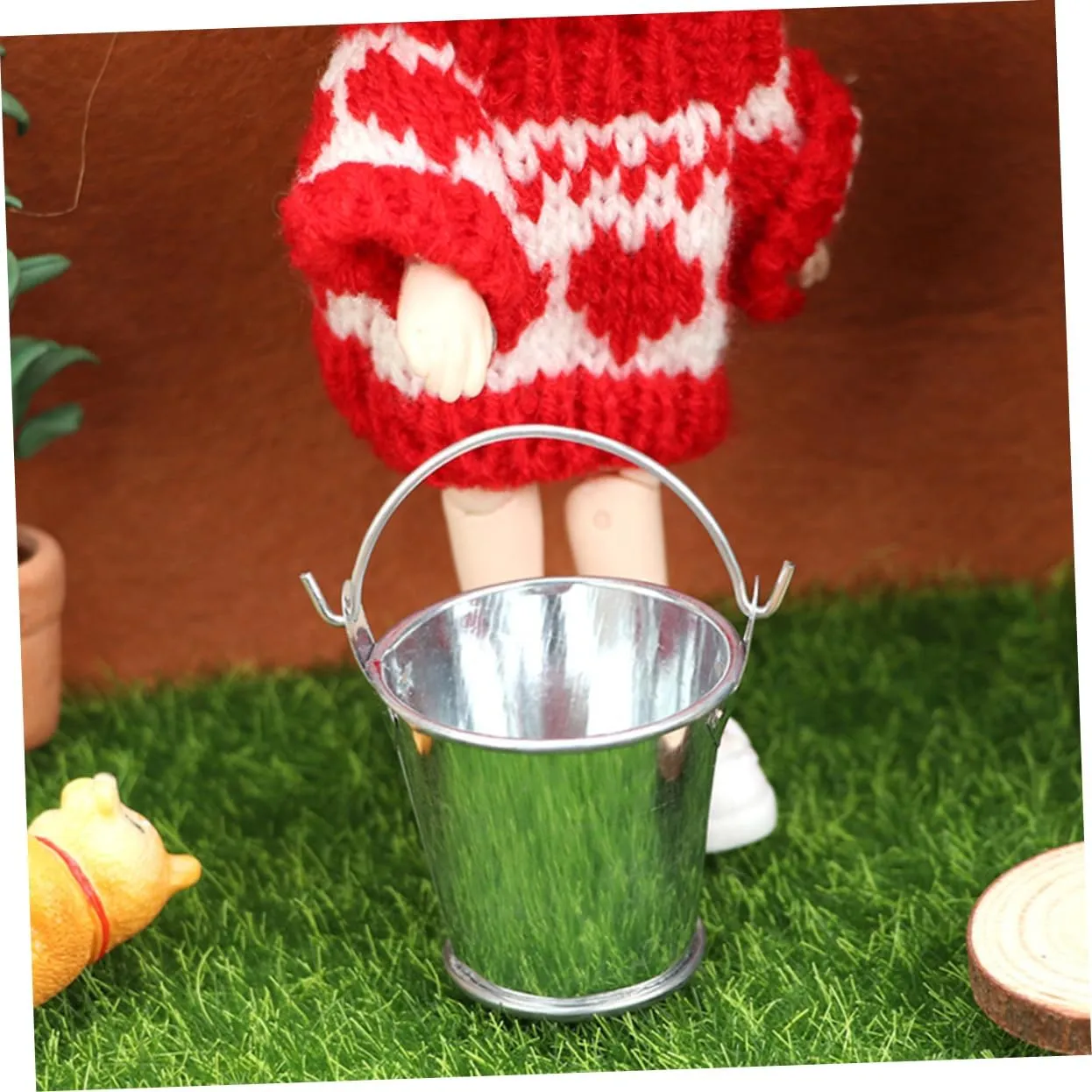 VANZACK 2sets Mini Furniture Model Dollhouse Water Pail Outdoor Bucket Indoor Garden Tubs and Miniature Artificial Decoration Mini House Models Mini House Accessories Metal Silver 6pcs*2