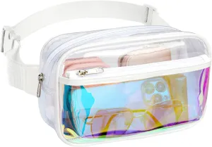 Veckle Clear Fanny Pack - Holographic White Clear Belt Bag Crossbody Fashion Fanny Packs for Women Men Cute Waist Bag with Adjustable Strap for Sports Events, Concerts, Festivals