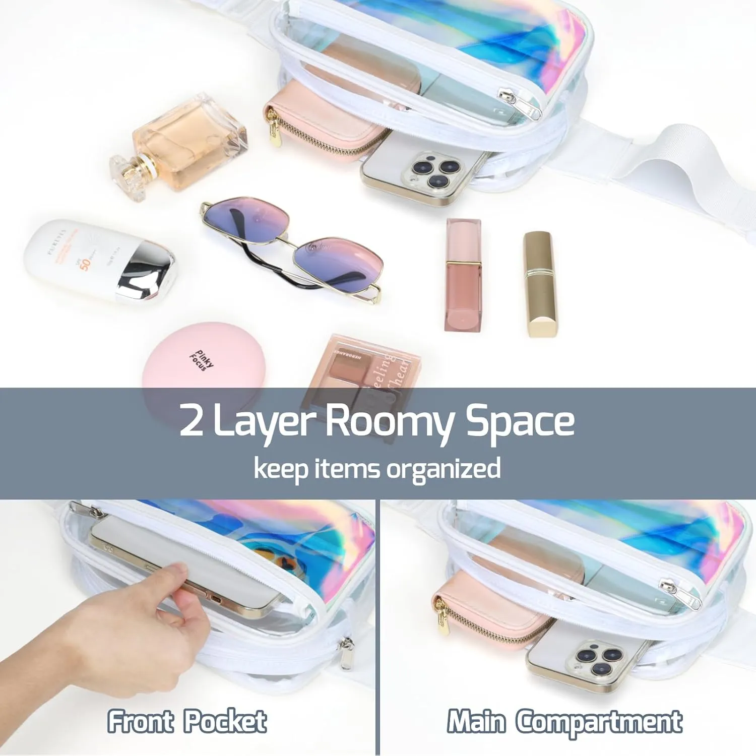 Veckle Clear Fanny Pack - Holographic White Clear Belt Bag Crossbody Fashion Fanny Packs for Women Men Cute Waist Bag with Adjustable Strap for Sports Events, Concerts, Festivals