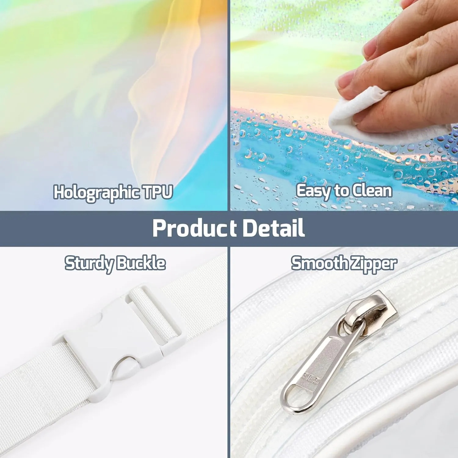 Veckle Clear Fanny Pack - Holographic White Clear Belt Bag Crossbody Fashion Fanny Packs for Women Men Cute Waist Bag with Adjustable Strap for Sports Events, Concerts, Festivals