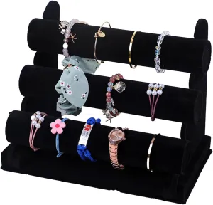 Velvet Bracelet Holder, 3 Tier Necklace Bracelet and Watch Holder Display Stand, T Bar Table Top Jewelry Organizer Tower for Scrunchie Watches Detachable (Jewelry Stand)