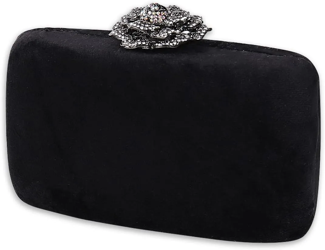 Velvet Clutch Bag for Women Diamond Flower Lock Evening Bag Sparkly Rhinestone Handbag Bridal Wedding Purse Glitter Shoulder Bag Elegant Crossbody Bag for Wedding Banquet Party Violet, Black