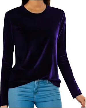 Velvet Tops for Women Long Sleeve Crewneck Soft Velvet Blouse Lightweight Casual Fashion Tshirts