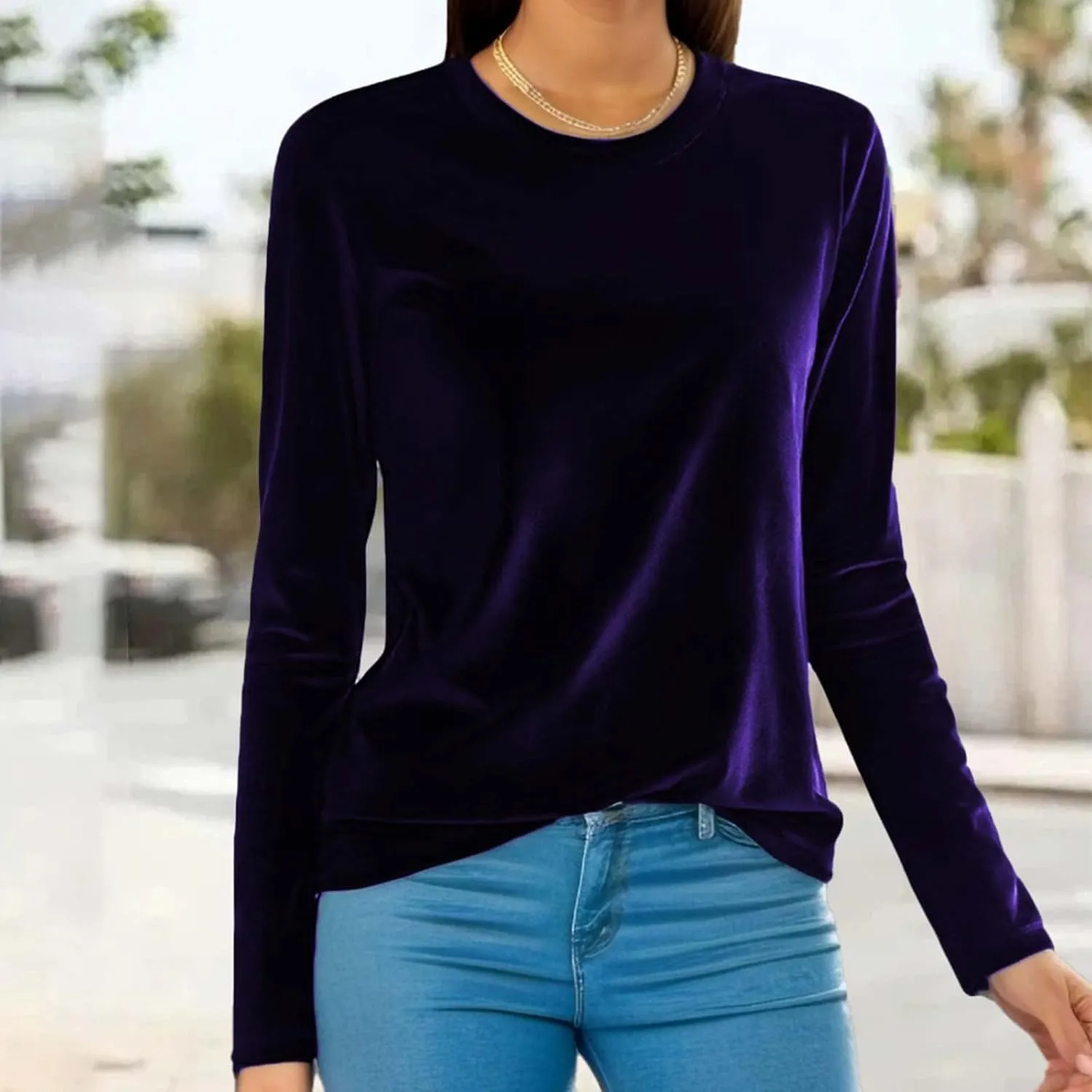 Velvet Tops for Women Long Sleeve Crewneck Soft Velvet Blouse Lightweight Casual Fashion Tshirts