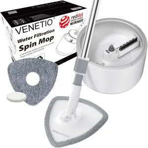 VENETIO Innowellclean Water Filtration Triangle Spin Mop and Bucket Set for Floor Cleaning - Self Wringing/ Dry/ Wet All-in-One Microfiber Mop System for Home Hardwood, Laminate, Tile (2 Pads)