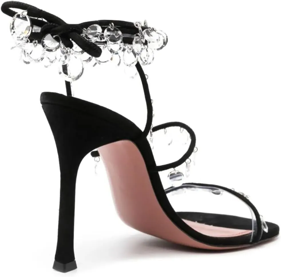 Vertundy Women's Ankle Strappy High-Heeled Sandals Rhinestone Chandelier Embellished Lace Up Round Toe Crystal Stilettos Dress Wedding Sandal Ladies