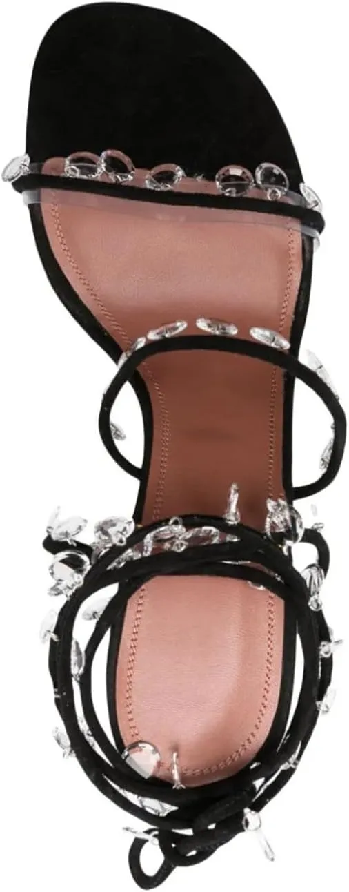 Vertundy Women's Ankle Strappy High-Heeled Sandals Rhinestone Chandelier Embellished Lace Up Round Toe Crystal Stilettos Dress Wedding Sandal Ladies