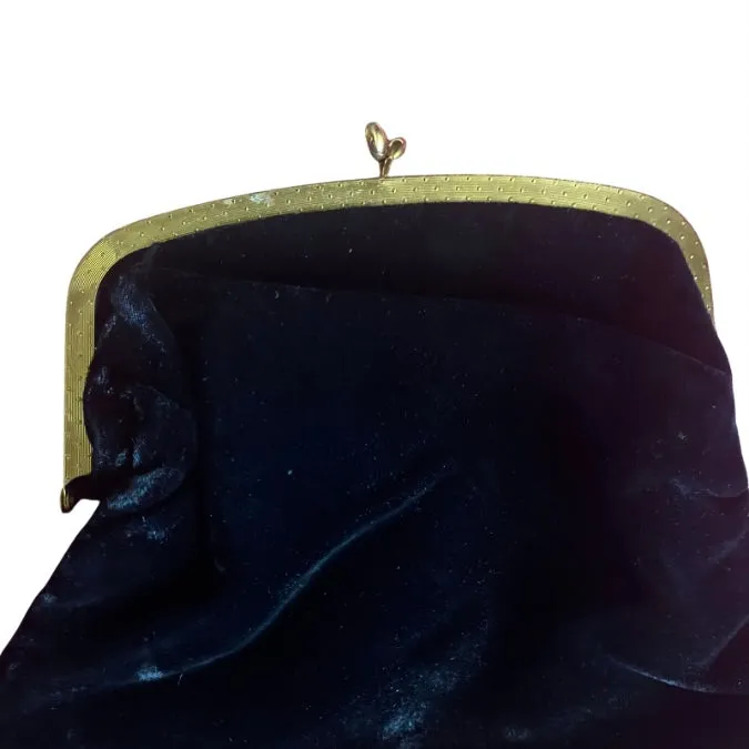 Vintage 1940’s-50’s Black Velvet/Gold Evening Bag with Pastel Pink Lining