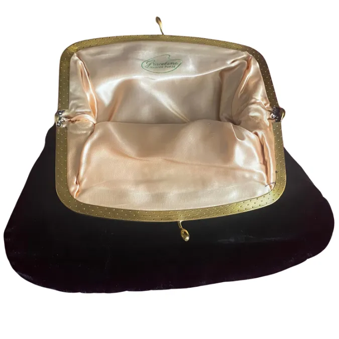 Vintage 1940’s-50’s Black Velvet/Gold Evening Bag with Pastel Pink Lining