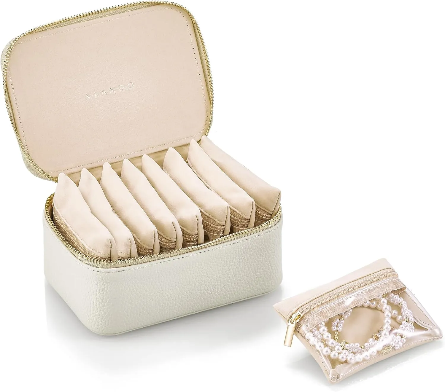 Vlando Mothers Day Gifts,Travel Jewelry Case with 8 Velvet Jewelry Bags Jewelry Travel Organizer Box for Girls Jewelry Box for Rings Earrings Brides Gifts Birthday Gifts for Women Teen(White)