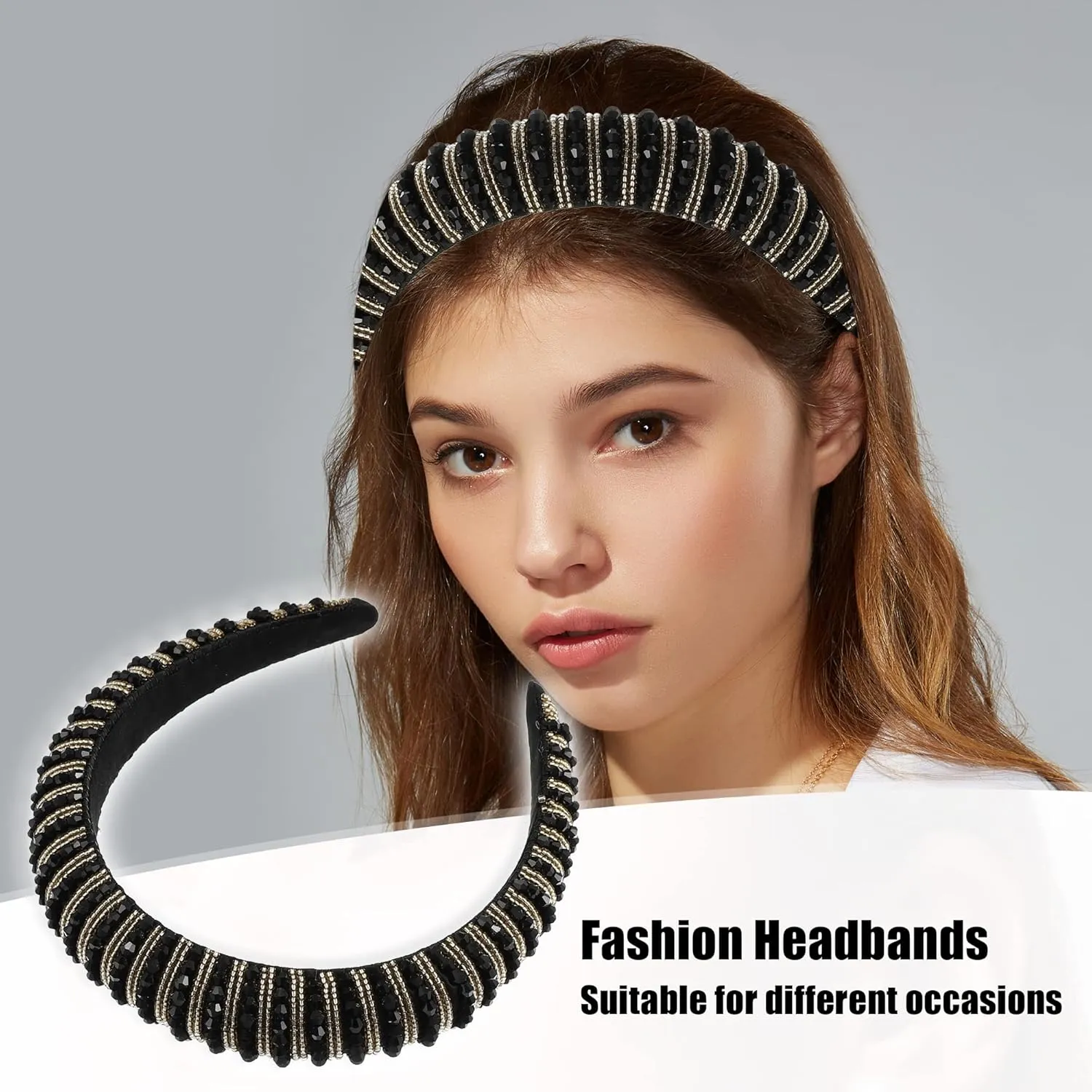 VOCOSTE Rhinestone Headbands - Crystal Embellished, Diamond Bling, Handmade Black, Thick Padded Sparkle Hairbands - Women's Hair Accessories