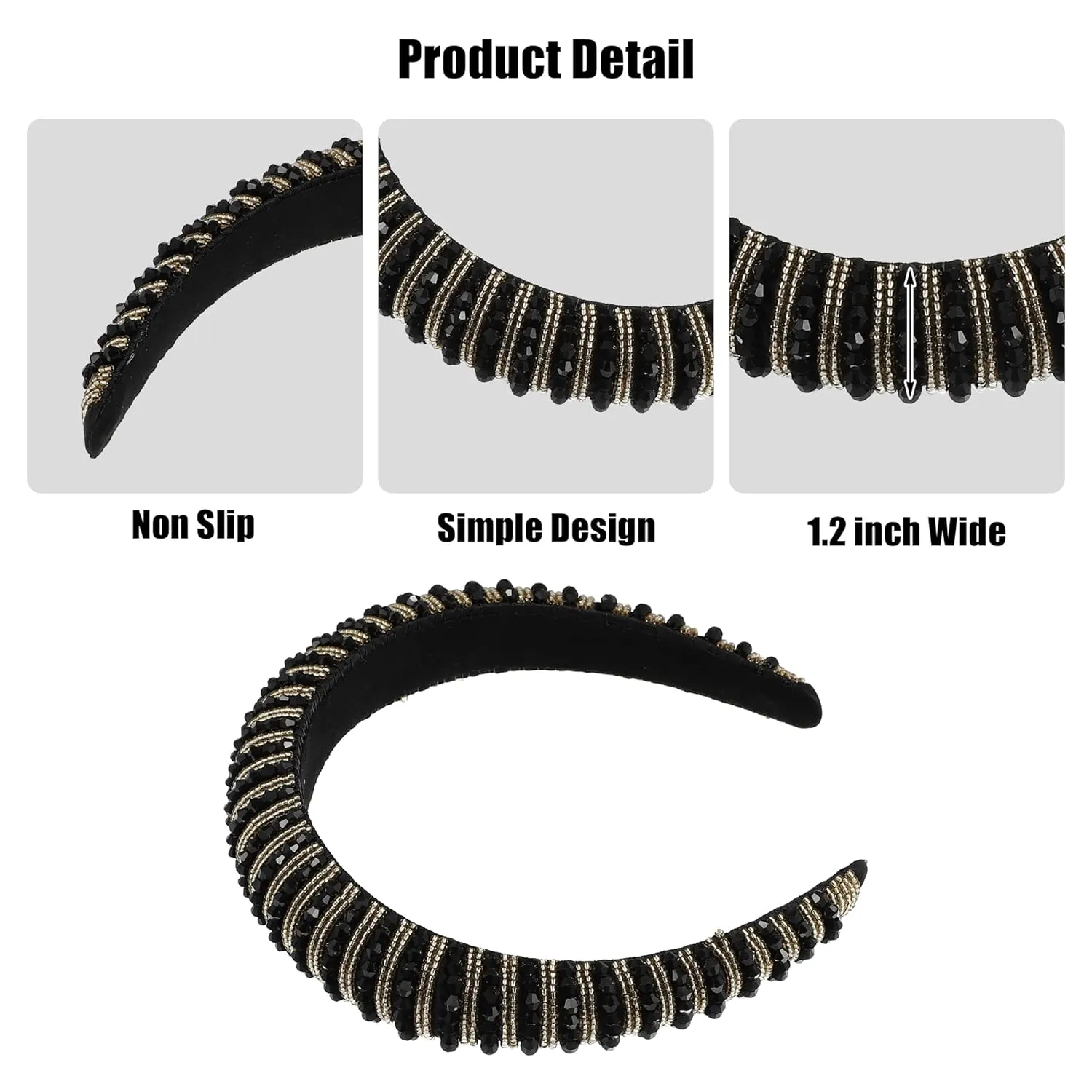 VOCOSTE Rhinestone Headbands - Crystal Embellished, Diamond Bling, Handmade Black, Thick Padded Sparkle Hairbands - Women's Hair Accessories