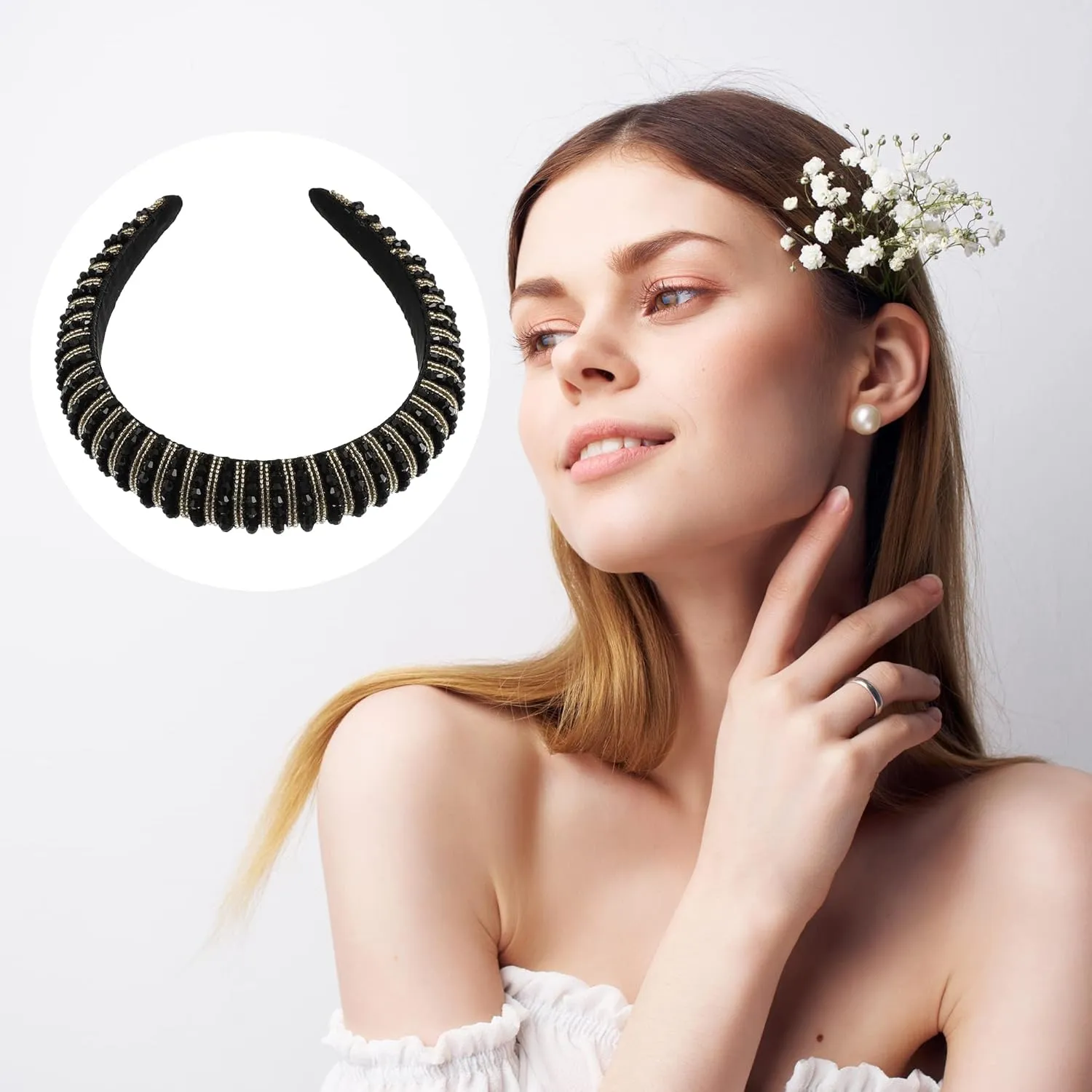 VOCOSTE Rhinestone Headbands - Crystal Embellished, Diamond Bling, Handmade Black, Thick Padded Sparkle Hairbands - Women's Hair Accessories