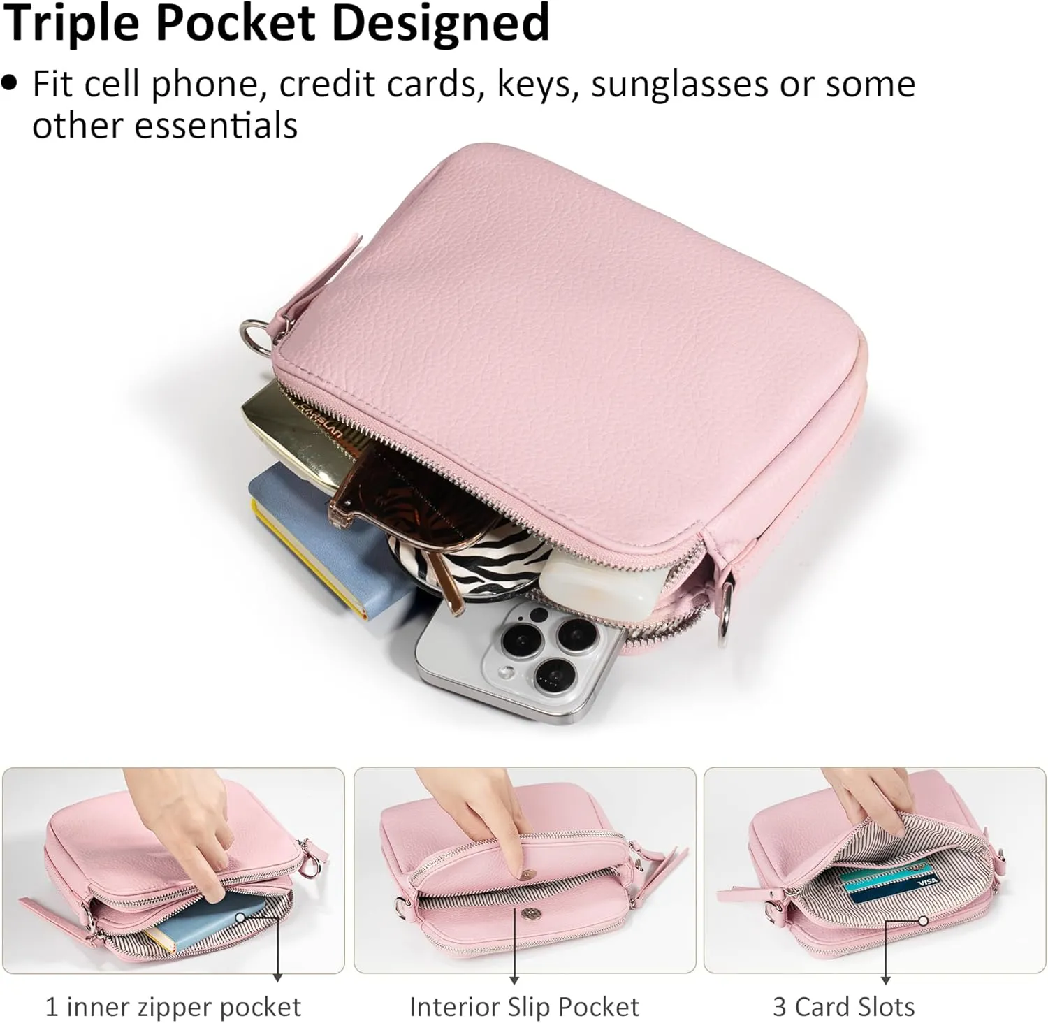 VONAL Leather Crossbody Purse for Women Triple Pockets Designed Shoulder Bag