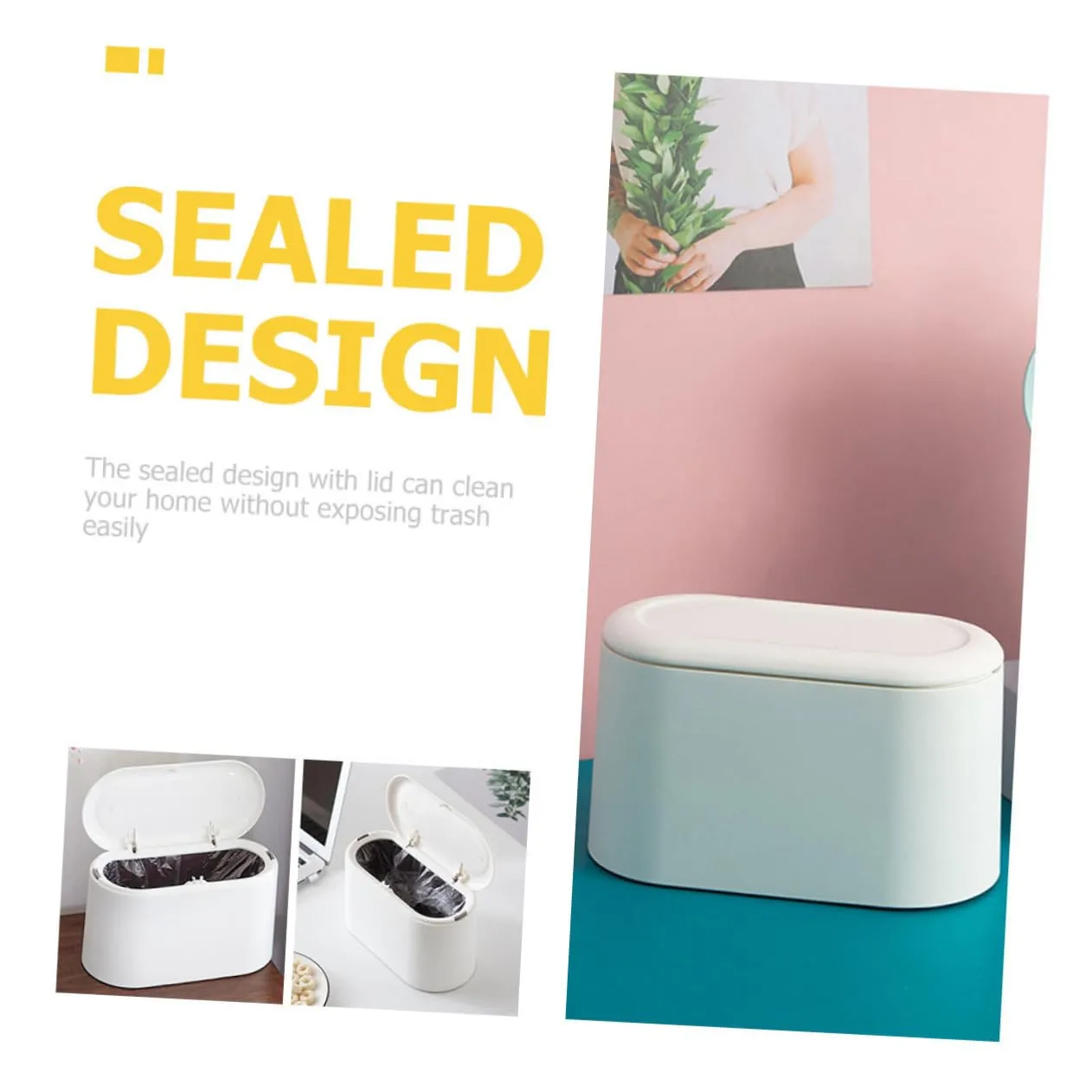 VOSAREA Modern Style Desk Trash Can White Collapsible Bin Lid Small Waste Basket for Office Home