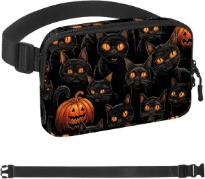 Waterproof Fanny Pack Black Belt Bag with Adjustable Strap for Women and Men,Halloween Cat T Crossbody Fanny Bag with Zipper for Hiking Running Travel