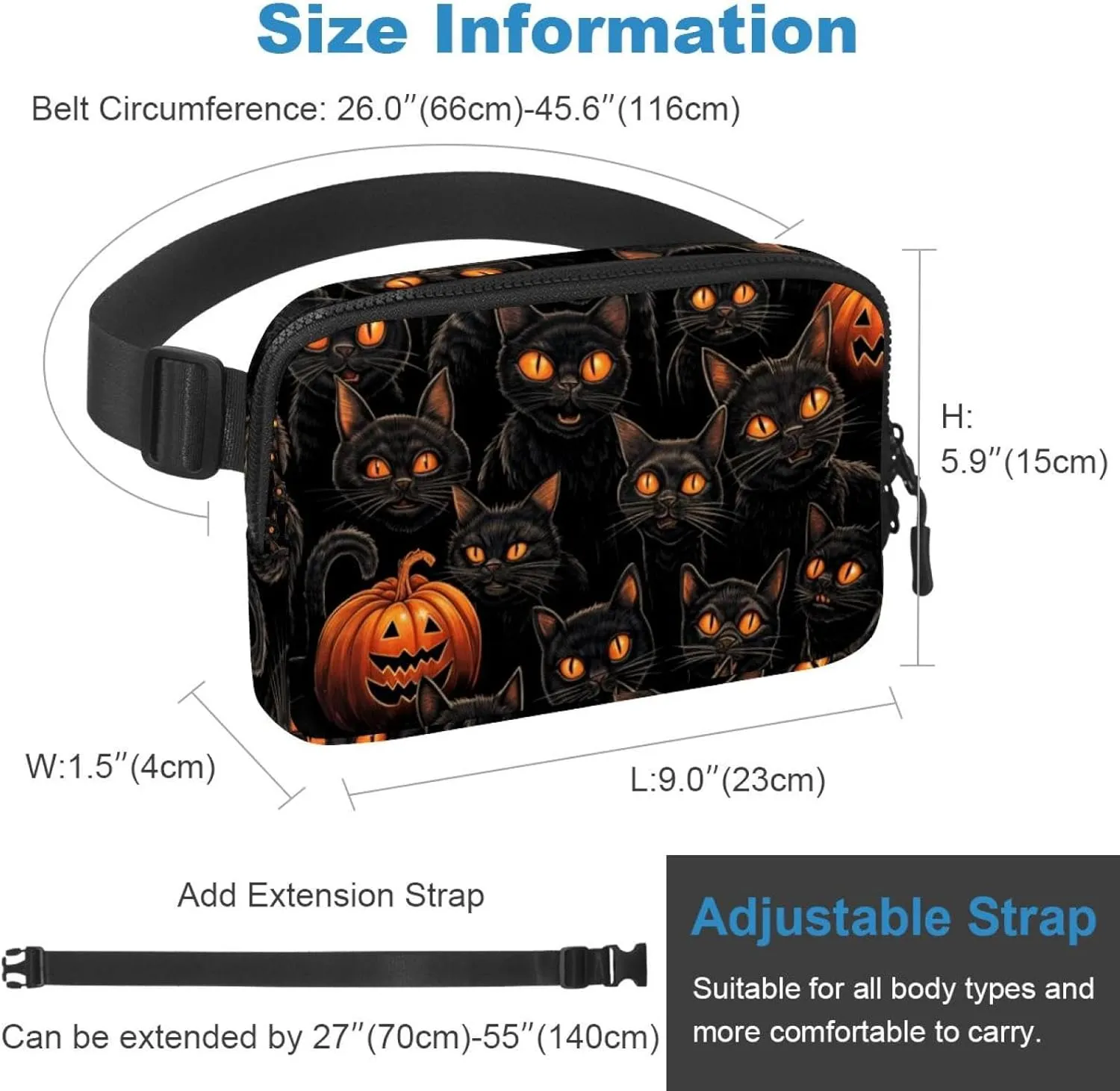 Waterproof Fanny Pack Black Belt Bag with Adjustable Strap for Women and Men,Halloween Cat T Crossbody Fanny Bag with Zipper for Hiking Running Travel