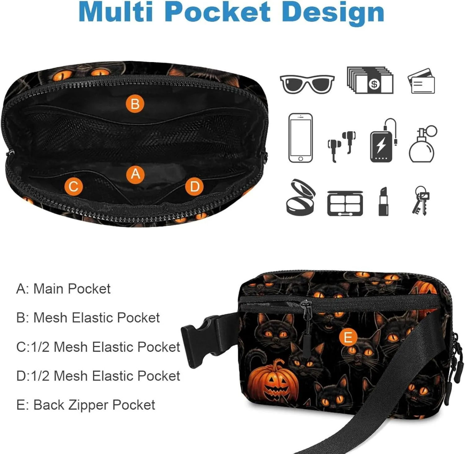 Waterproof Fanny Pack Black Belt Bag with Adjustable Strap for Women and Men,Halloween Cat T Crossbody Fanny Bag with Zipper for Hiking Running Travel