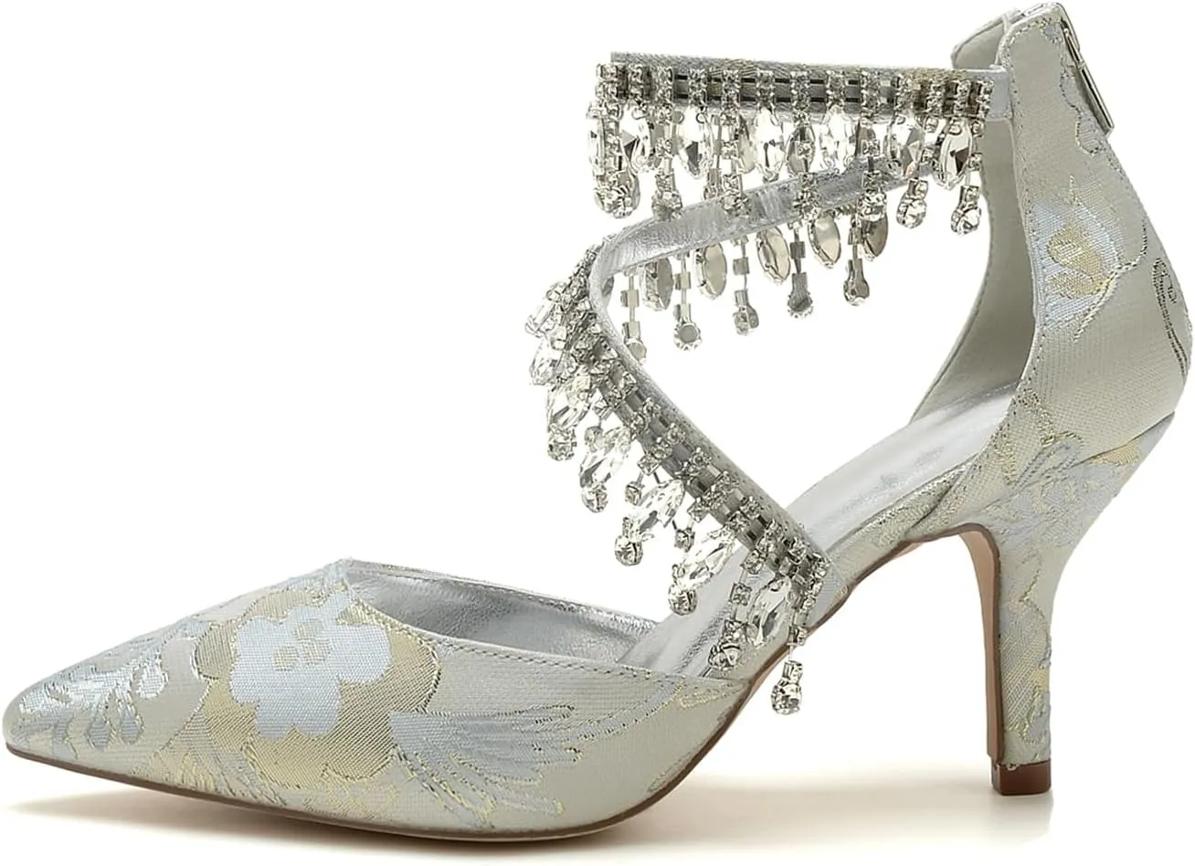 Wedding Shoes Rhinestone Buckle Bridal Silk Women Pointed Toe Satin Pumps High Heel Prom Shoes