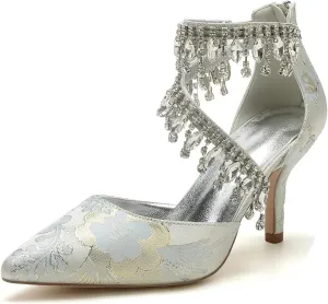 Wedding Shoes Rhinestone Buckle Bridal Silk Women Pointed Toe Satin Pumps High Heel Prom Shoes