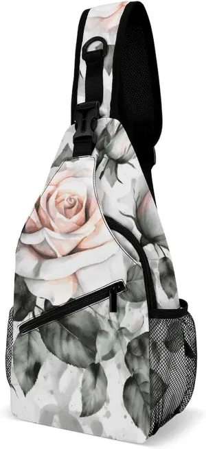White Watercolor Floral Rose Crossbody Sling Bag for Women Men Sling Backpack Travel Chest Bag Pack Man Purse Shoulder Bags Daypack for Travel Hiking Cycling