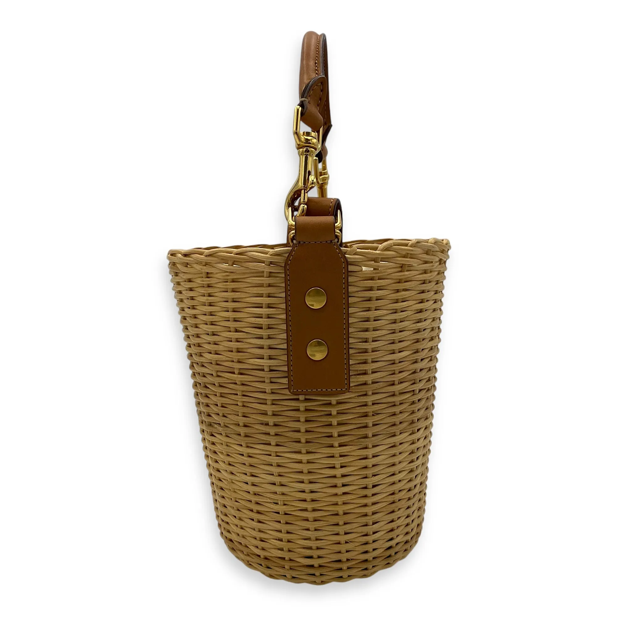 Wicker Bucket Brown Top Handle Bag in Rattan, Gold hardware