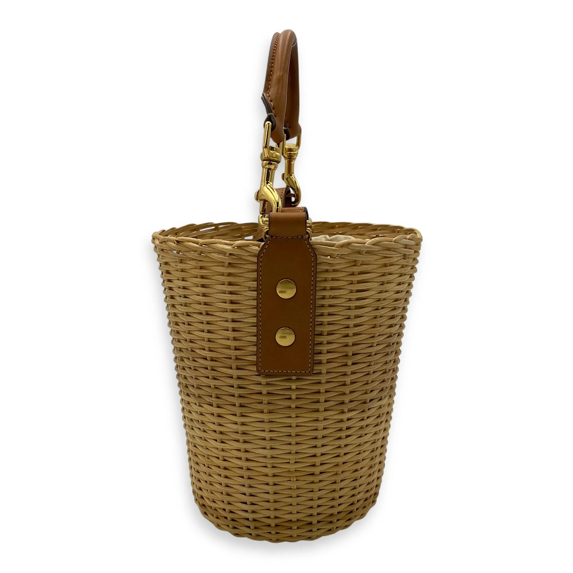 Wicker Bucket Brown Top Handle Bag in Rattan, Gold hardware