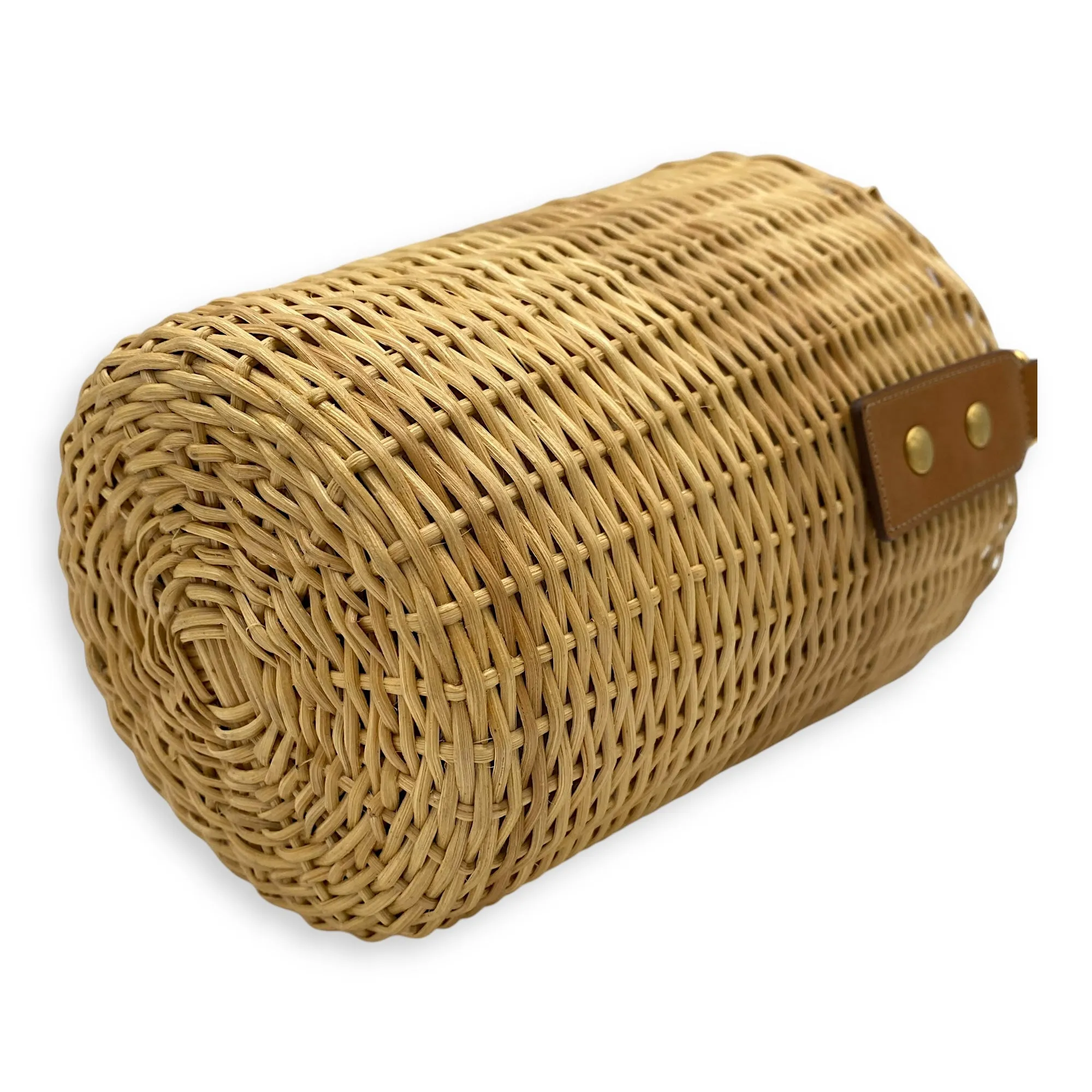 Wicker Bucket Brown Top Handle Bag in Rattan, Gold hardware