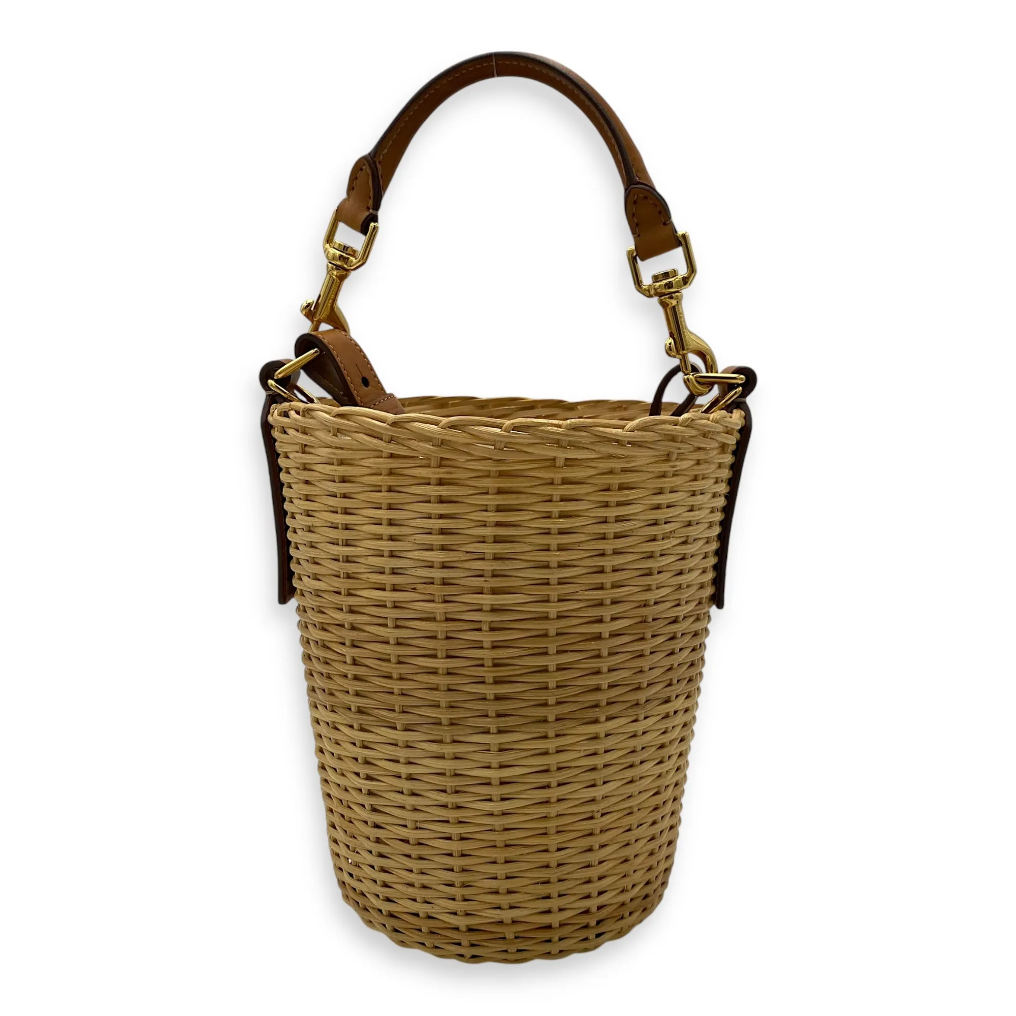 Wicker Bucket Brown Top Handle Bag in Rattan, Gold hardware