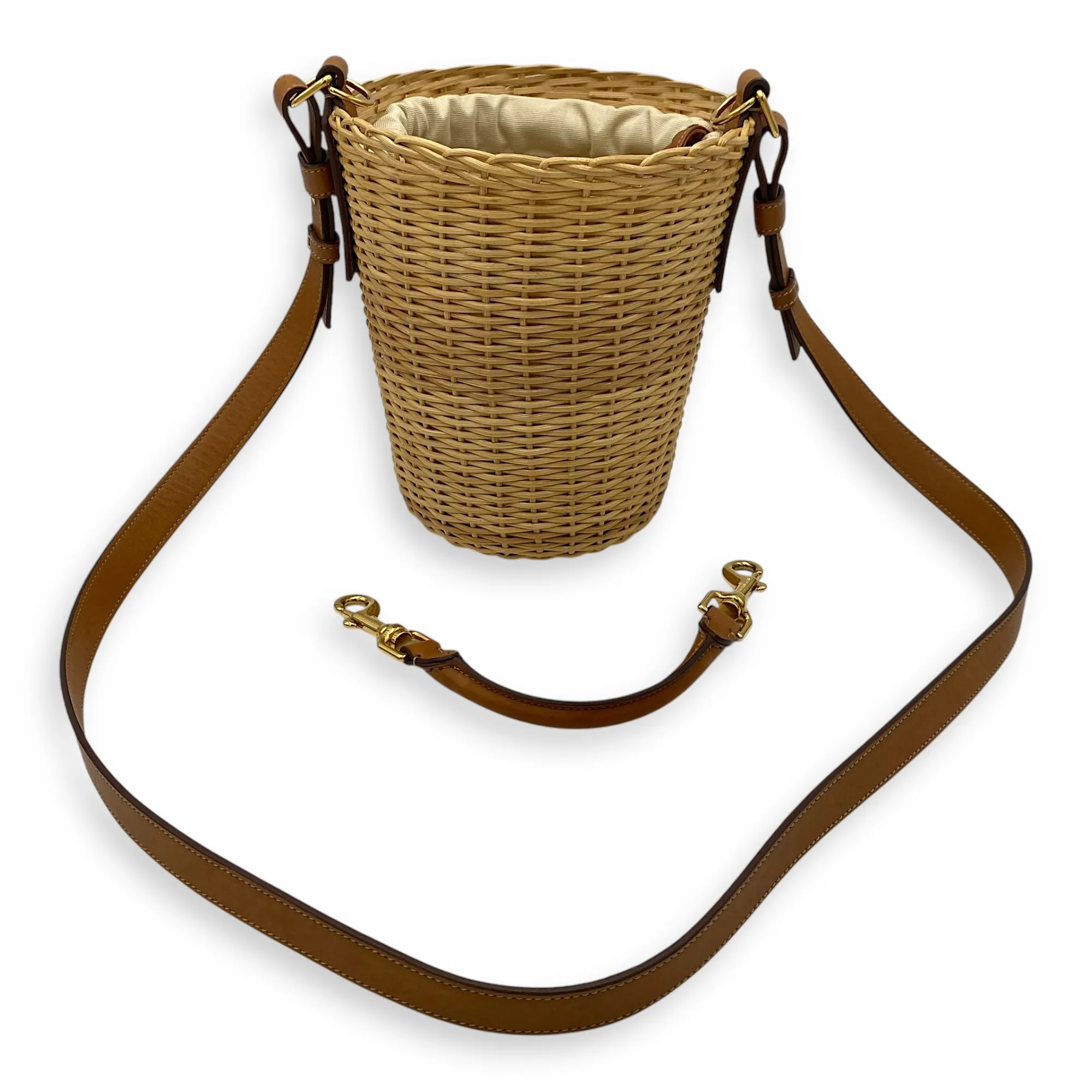 Wicker Bucket Brown Top Handle Bag in Rattan, Gold hardware
