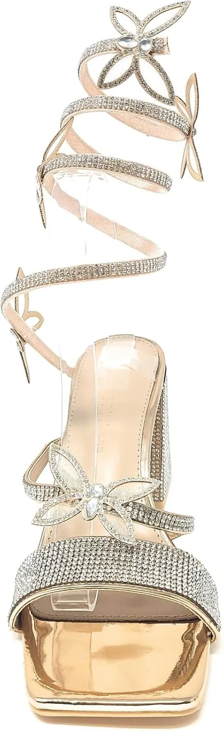 Wild Diva Women's Adams-07 Embellished Rhinestone Butterfly Spiral Coil Wrap Around Chunky Heels