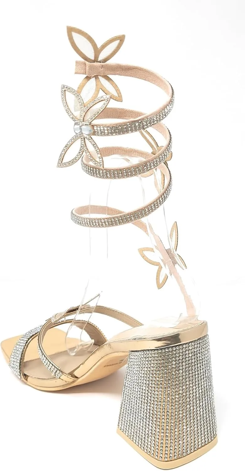 Wild Diva Women's Adams-07 Embellished Rhinestone Butterfly Spiral Coil Wrap Around Chunky Heels