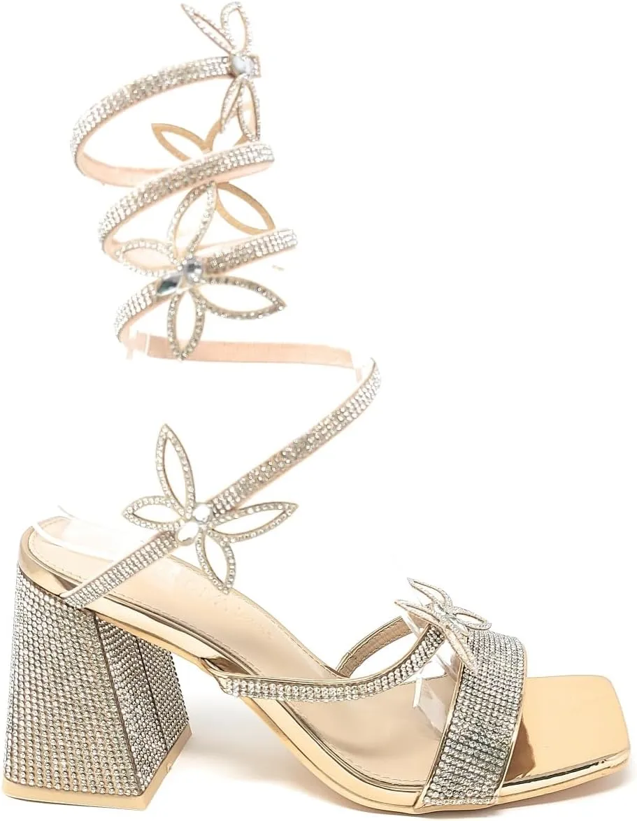 Wild Diva Women's Adams-07 Embellished Rhinestone Butterfly Spiral Coil Wrap Around Chunky Heels