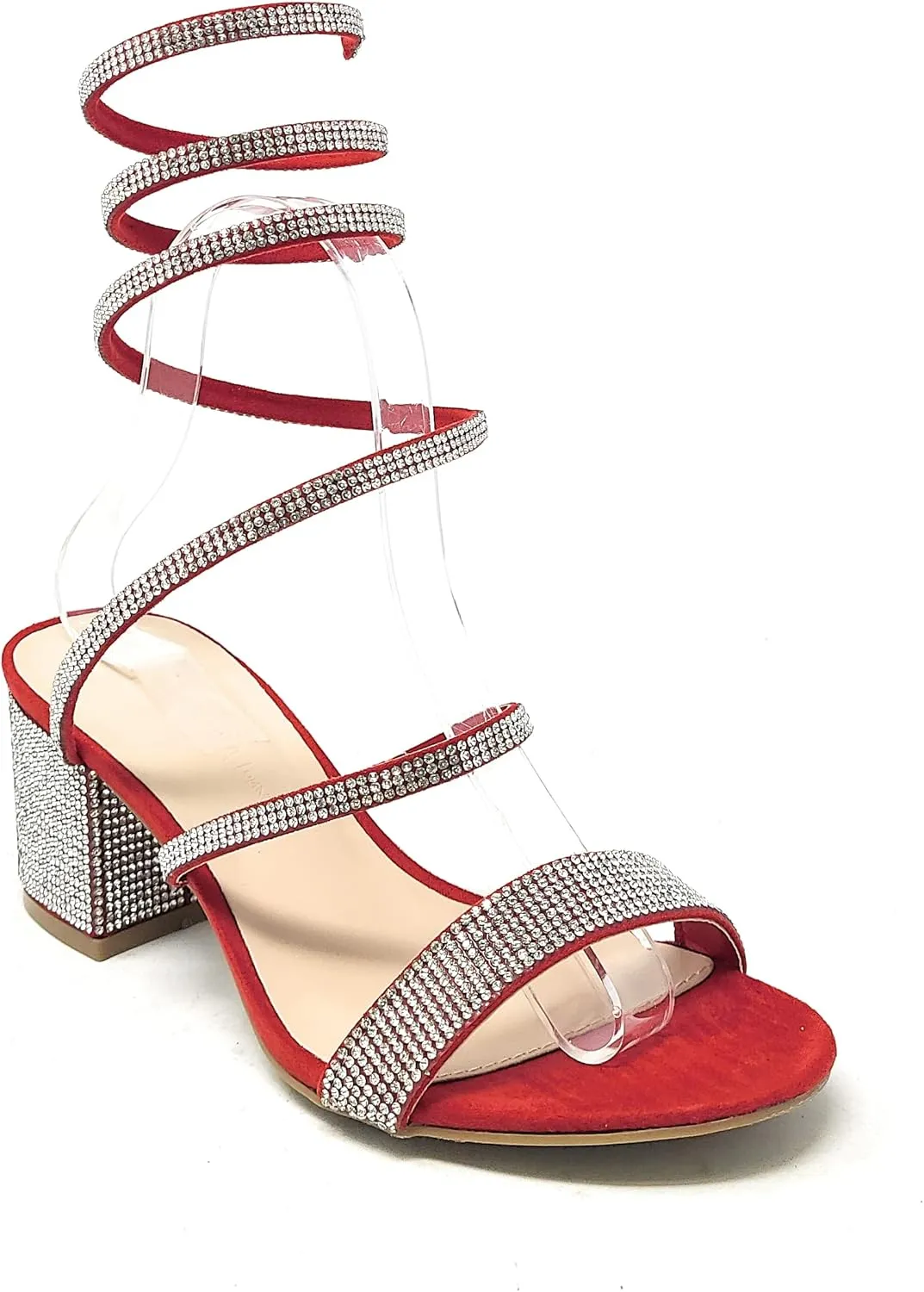 Wild Diva Women's Larina-192 Rhinestone Spiral Ankle Strap Low Block Heeled Sandals Heels