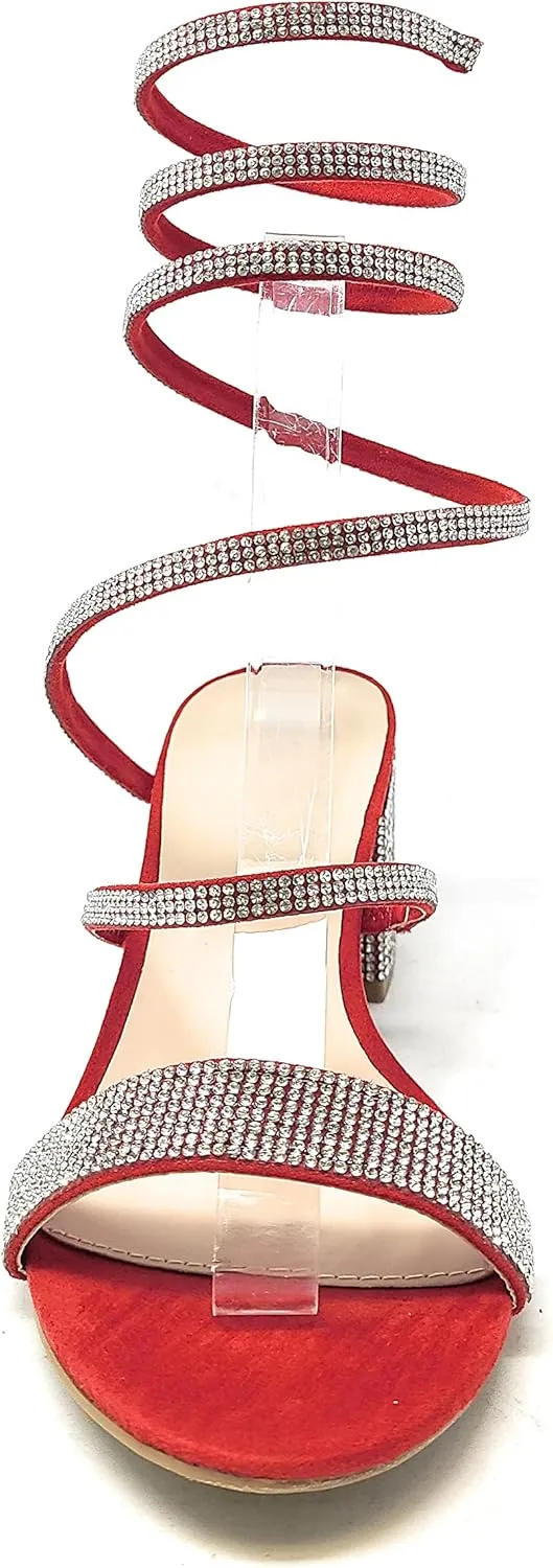 Wild Diva Women's Larina-192 Rhinestone Spiral Ankle Strap Low Block Heeled Sandals Heels