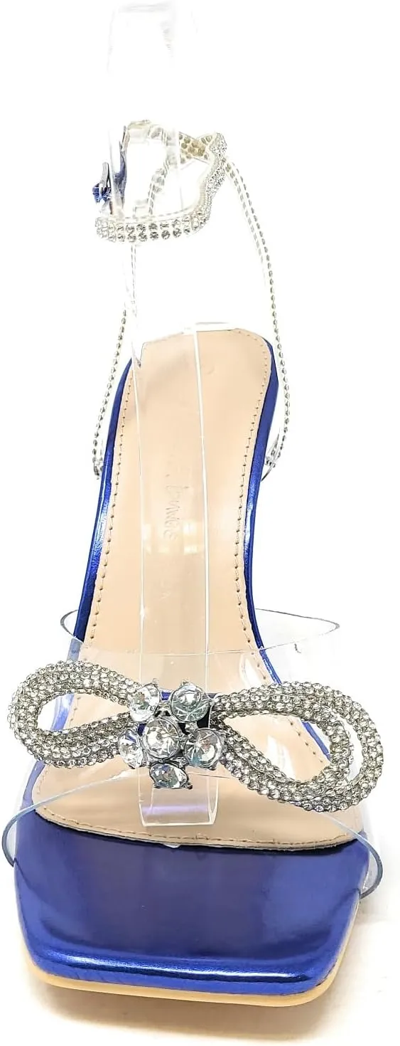 Wild Diva Women's Square Toe Rhinestone Embellished Straps & Bow Clear Vamp Formal Stiletto High Heels Narala-15