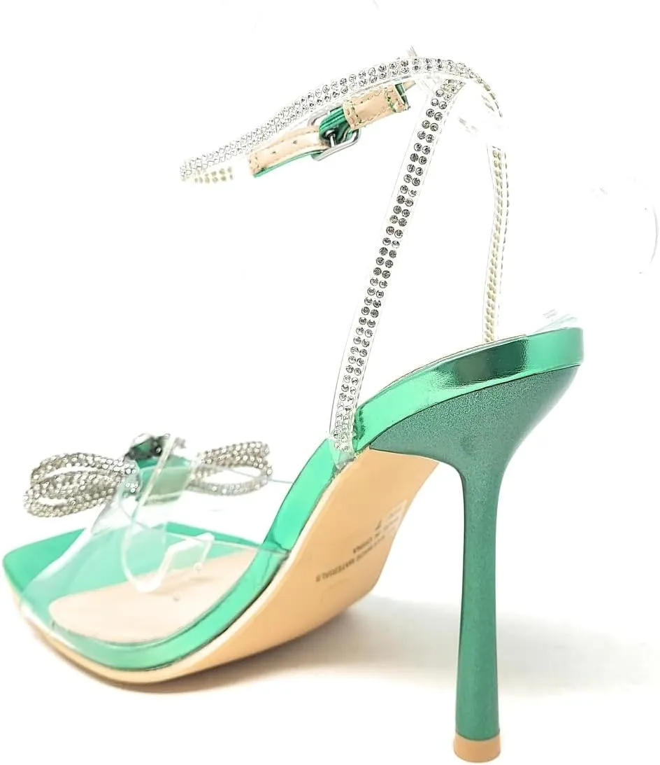 Wild Diva Women's Square Toe Rhinestone Embellished Straps & Bow Clear Vamp Formal Stiletto High Heels Narala-15