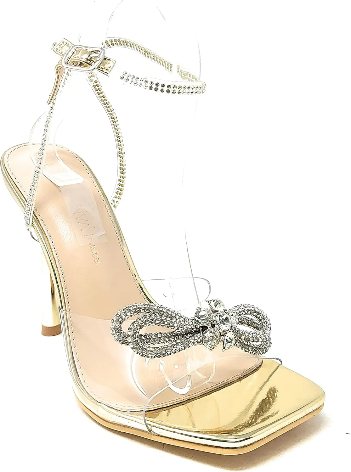 Wild Diva Women's Square Toe Rhinestone Embellished Straps & Bow Clear Vamp Formal Stiletto High Heels Narala-15