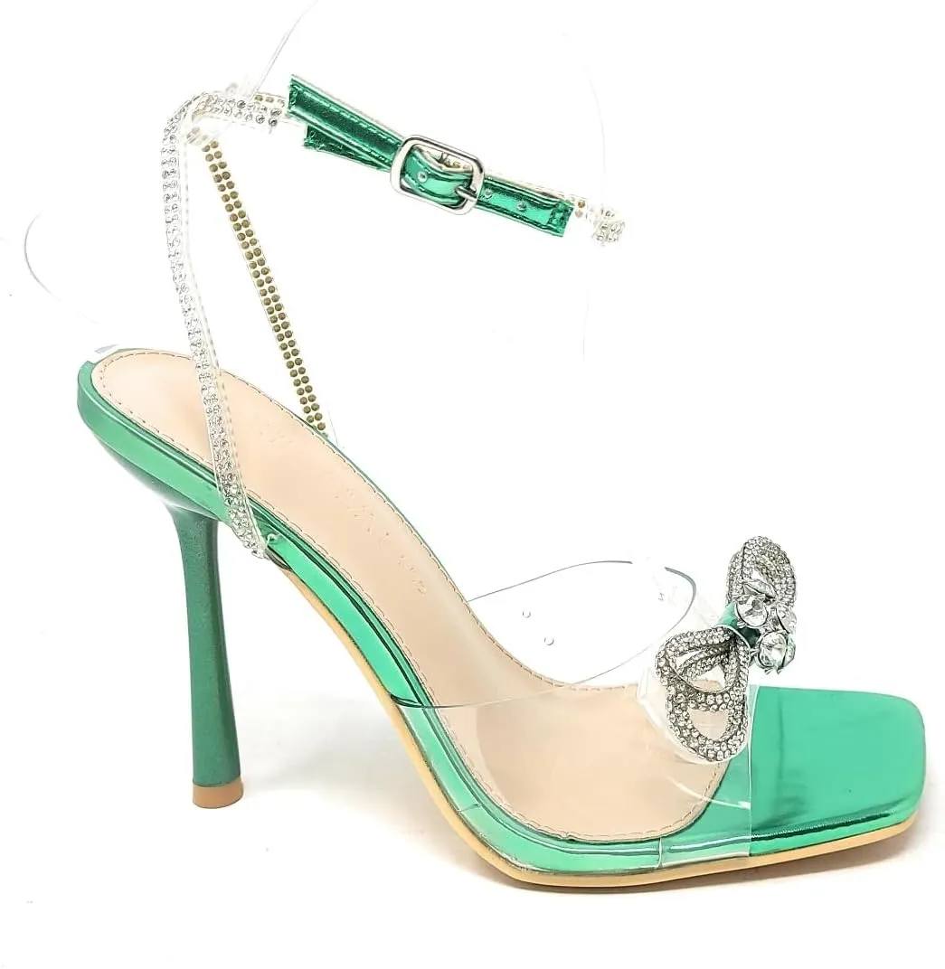 Wild Diva Women's Square Toe Rhinestone Embellished Straps & Bow Clear Vamp Formal Stiletto High Heels Narala-15