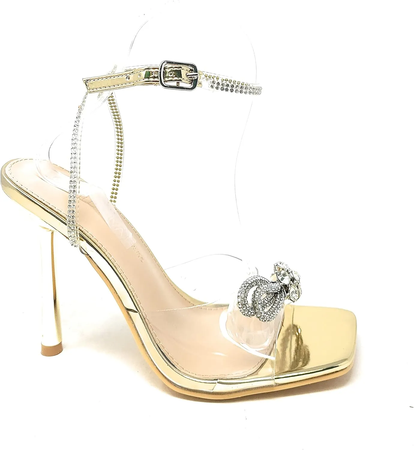 Wild Diva Women's Square Toe Rhinestone Embellished Straps & Bow Clear Vamp Formal Stiletto High Heels Narala-15