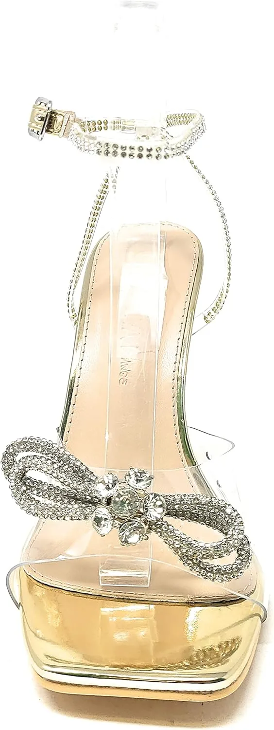 Wild Diva Women's Square Toe Rhinestone Embellished Straps & Bow Clear Vamp Formal Stiletto High Heels Narala-15