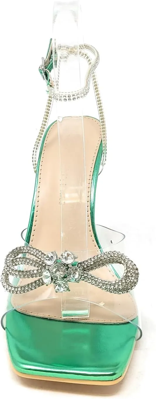 Wild Diva Women's Square Toe Rhinestone Embellished Straps & Bow Clear Vamp Formal Stiletto High Heels Narala-15