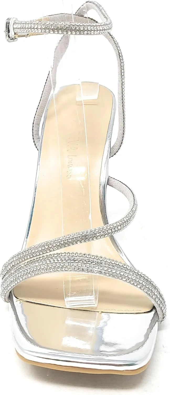 Wild Diva Women's Square Toe Rhinestone Embellished Straps Formal Stiletto High Heels Flair-06