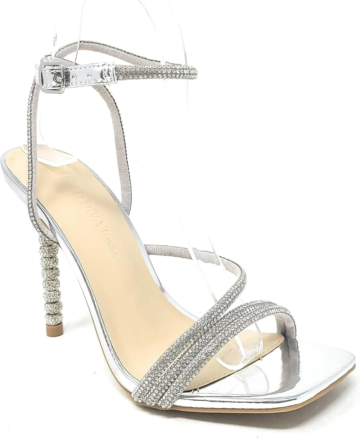 Wild Diva Women's Square Toe Rhinestone Embellished Straps Formal Stiletto High Heels Flair-06