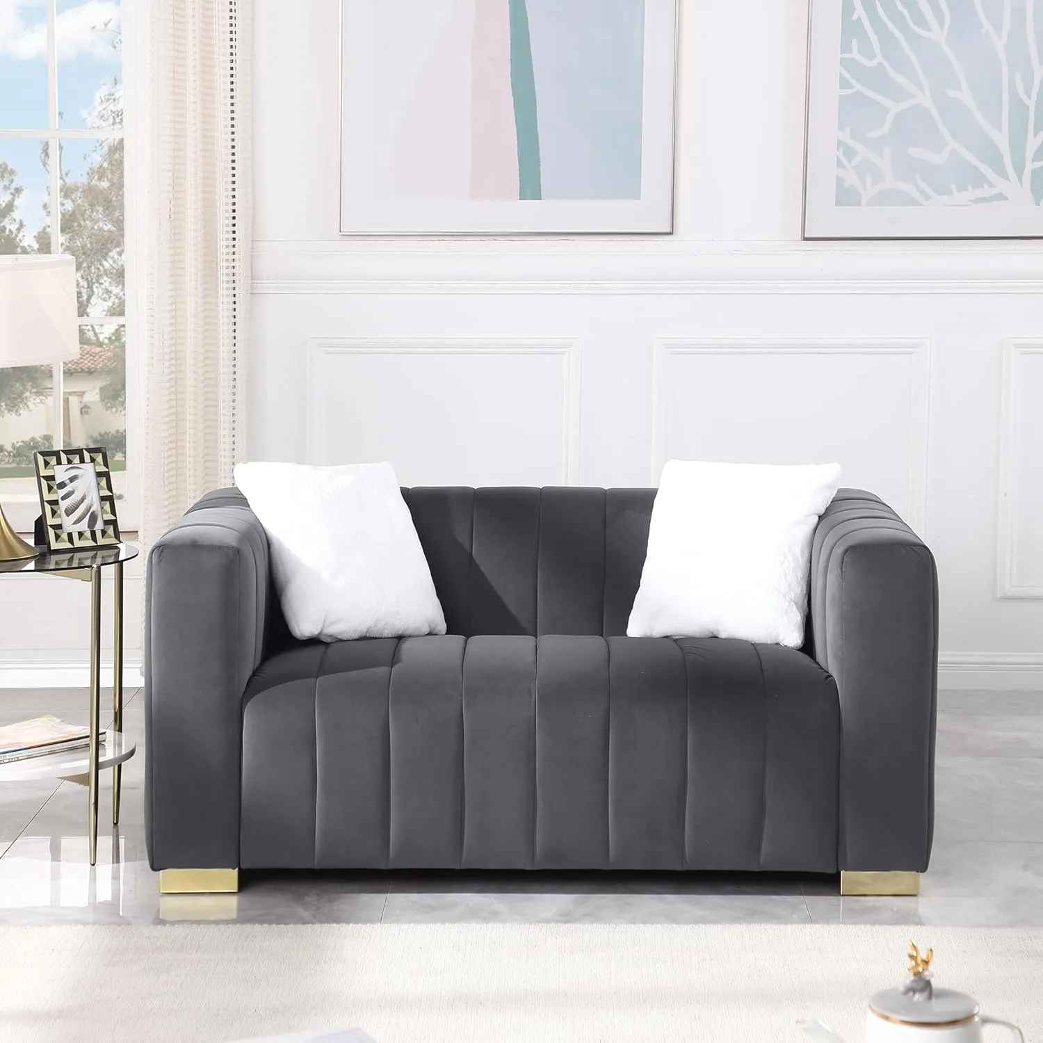 WILLIAMSPACE 62" Modern Loveseat Sofa for Living Room, Mid Century 2-Seater Velvet Chesterfield Sofa, Upholstered Couch with Gold Leg for Apartment, Office, Small Space (Dark Gray)