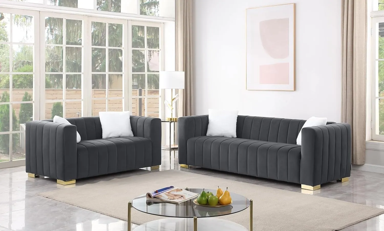 WILLIAMSPACE 62" Modern Loveseat Sofa for Living Room, Mid Century 2-Seater Velvet Chesterfield Sofa, Upholstered Couch with Gold Leg for Apartment, Office, Small Space (Dark Gray)